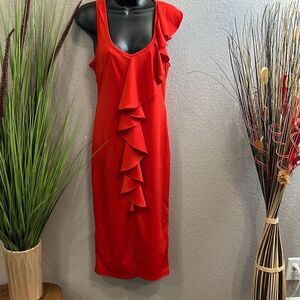 #210 Boutique, sleeveless red ruffled shift, maxi dress size small￼